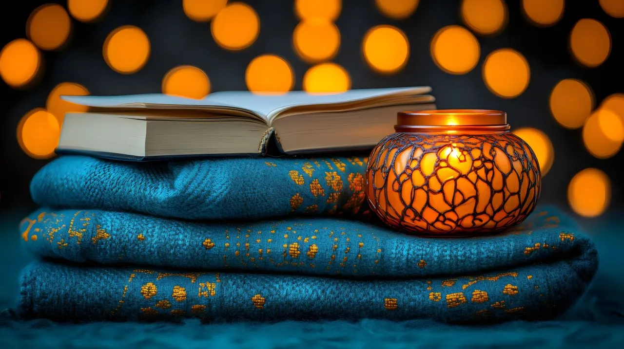 Praxis für Ergotherapie - medizinisch-therapeutische Behandlung - Ein offenes Buch und eine Lampe auf einem blauen Schal mit Lichtern im Hintergrund.